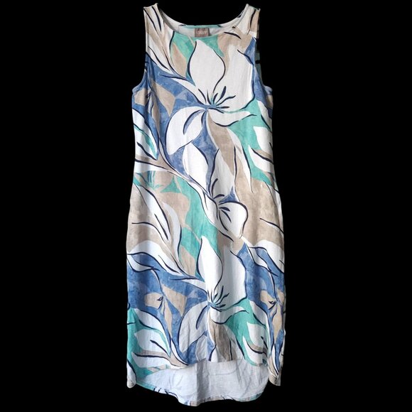 CHICOS 0 Dress Blue GreenTan White Multi Floral Sleeveless Hi Low Casual Small - Picture 1 of 5